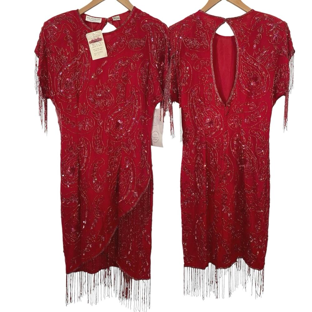 Lew Magram Womens Red Beaded Vintage Silk Dress Holiday Medium Fringe